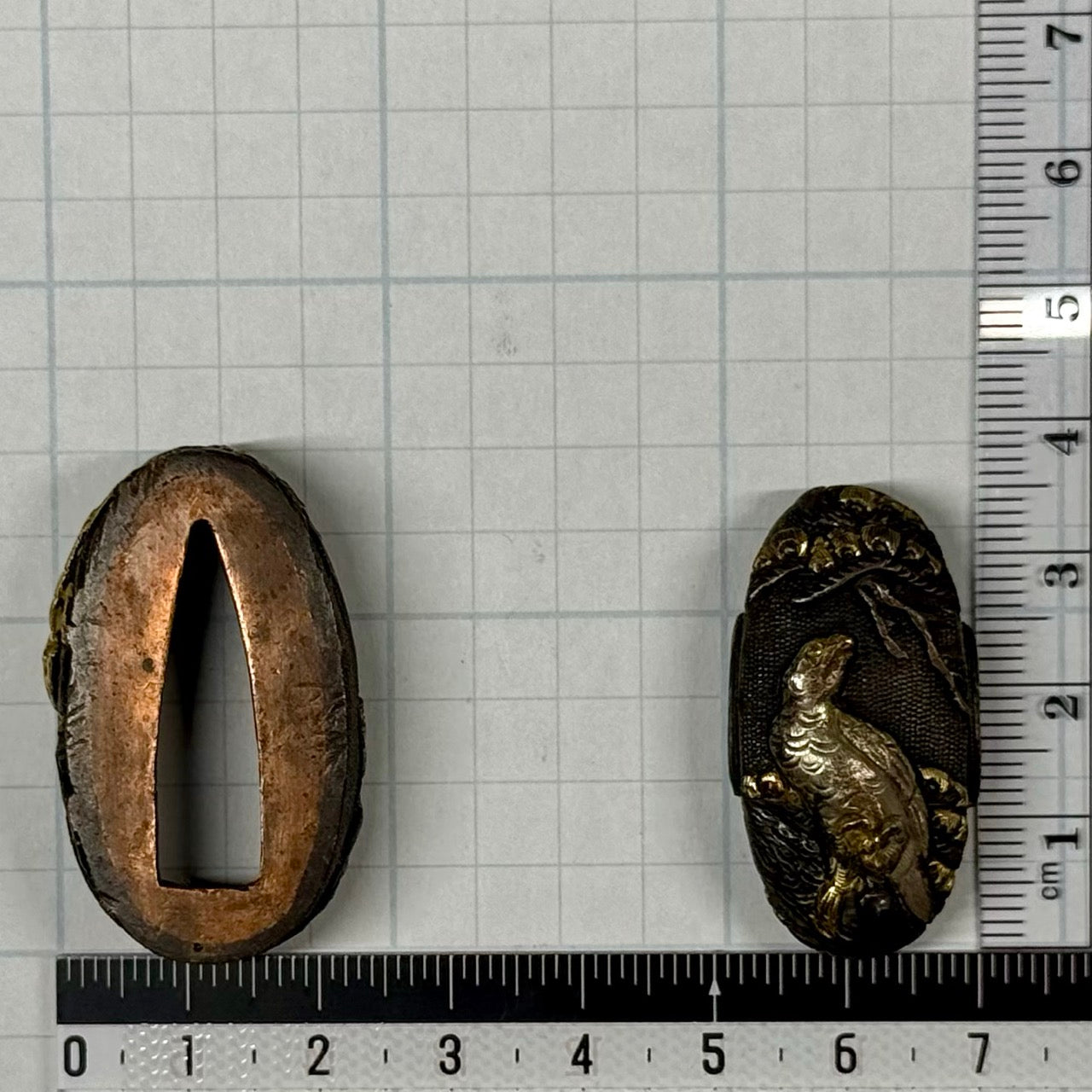 Fuchi Kashira Set, Shakudo, Waves (Antique) w/ Kiri-bako (桐箱)