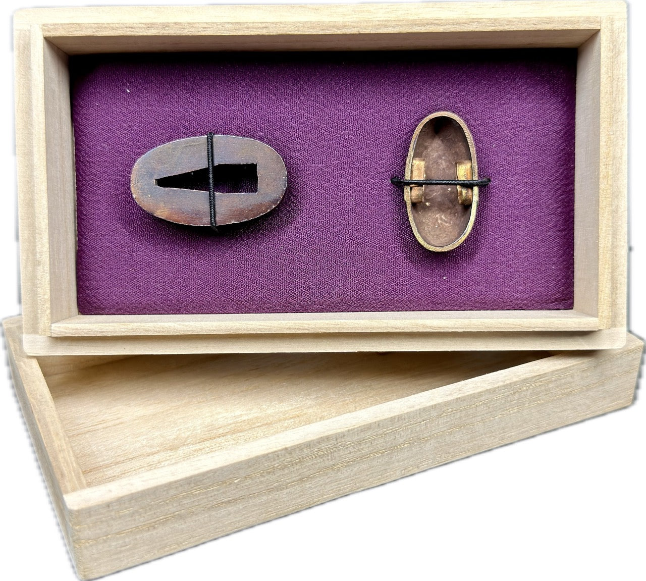 Fuchi Kashira Set, Shakudo, Waves (Antique) w/ Kiri-bako (桐箱)