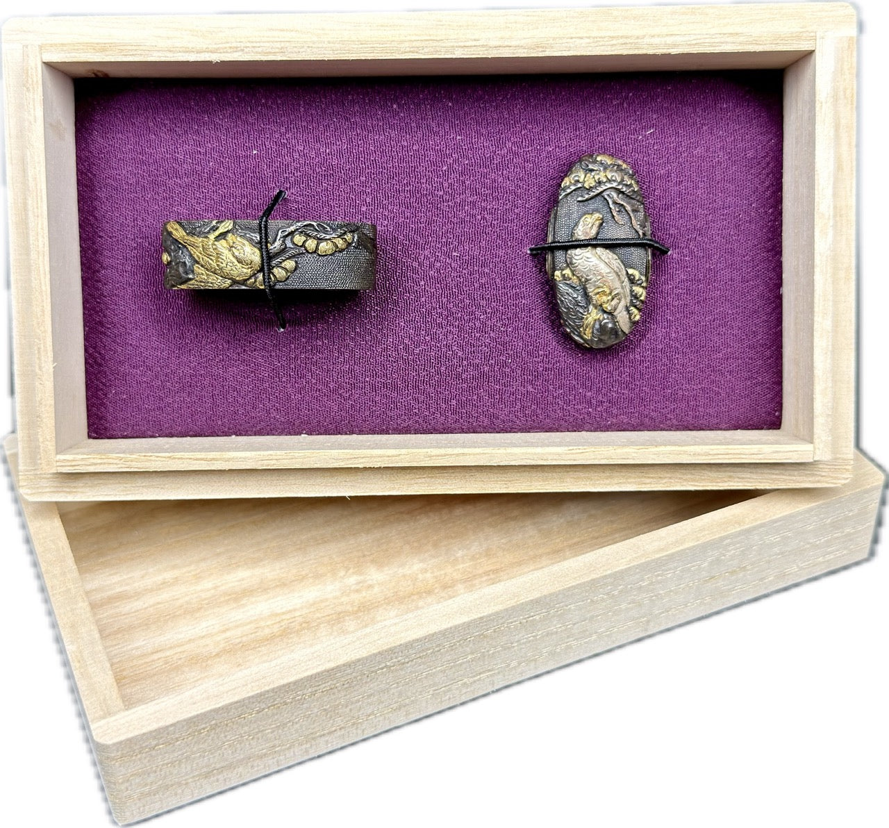 Fuchi Kashira Set, Shakudo, Falcon and Pines (Antique) w/ Kiri-bako (桐箱)