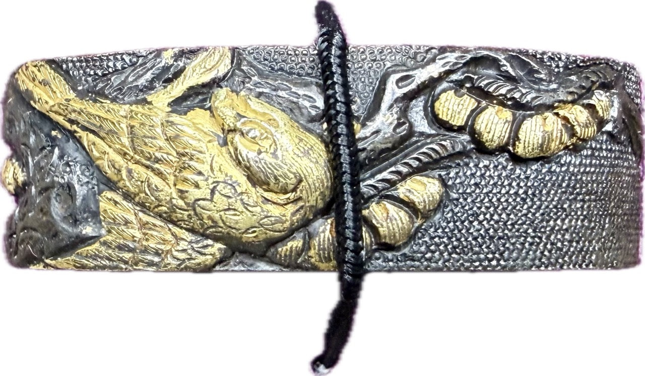 Fuchi Kashira Set, Shakudo, Falcon and Pines (Antique) w/ Kiri-bako (桐箱)