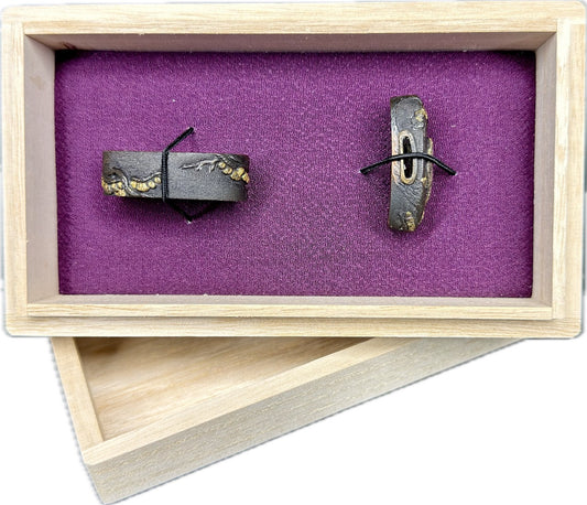 Fuchi Kashira Set, Shakudo, Falcon and Pines (Antique) w/ Kiri-bako (桐箱)