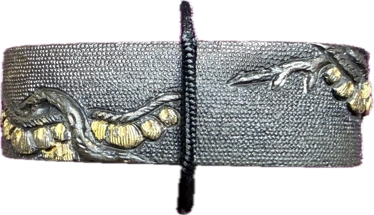 Fuchi Kashira Set, Shakudo, Falcon and Pines (Antique) w/ Kiri-bako (桐箱)