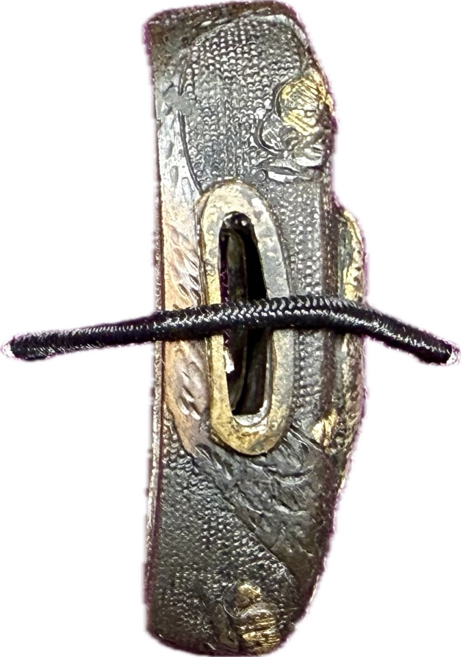 Fuchi Kashira Set, Shakudo, Falcon and Pines (Antique) w/ Kiri-bako (桐箱)