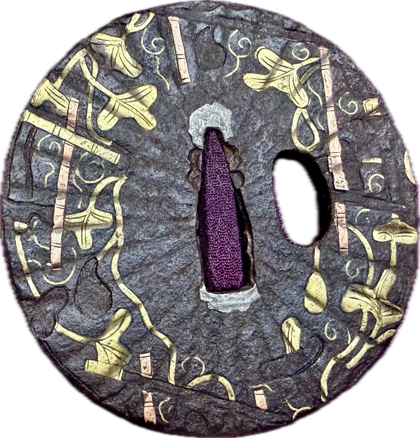 Tsuba, Iron w/ Gold Inlay, Maru Gata, 71.8mm x 73.2mm x 7.5mm (Antique)