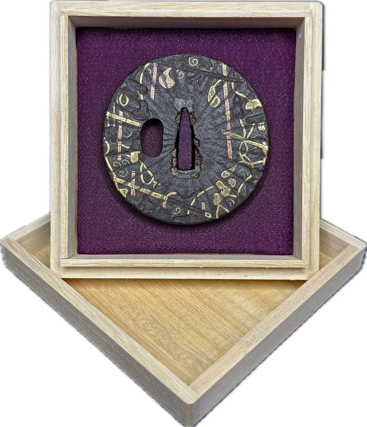 Tsuba, Iron w/ Gold Inlay, Maru Gata, 71.8mm x 73.2mm x 7.5mm (Antique) w/ Kiri-bako (桐箱)