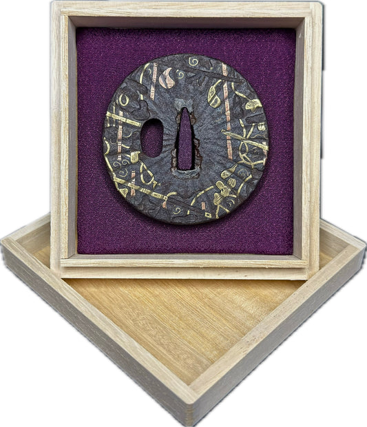 Tsuba, Iron w/ Gold Inlay, Maru Gata, 71.8mm x 73.2mm x 7.5mm (Antique) w/ Kiri-bako (桐箱)