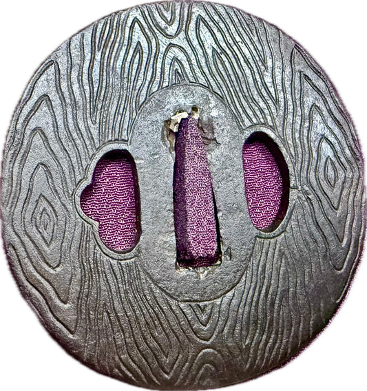 Tsuba, Iron, Mokume, Maru Gata, 74.4mm x 75.6mm x 8.3mm (Reproduction)