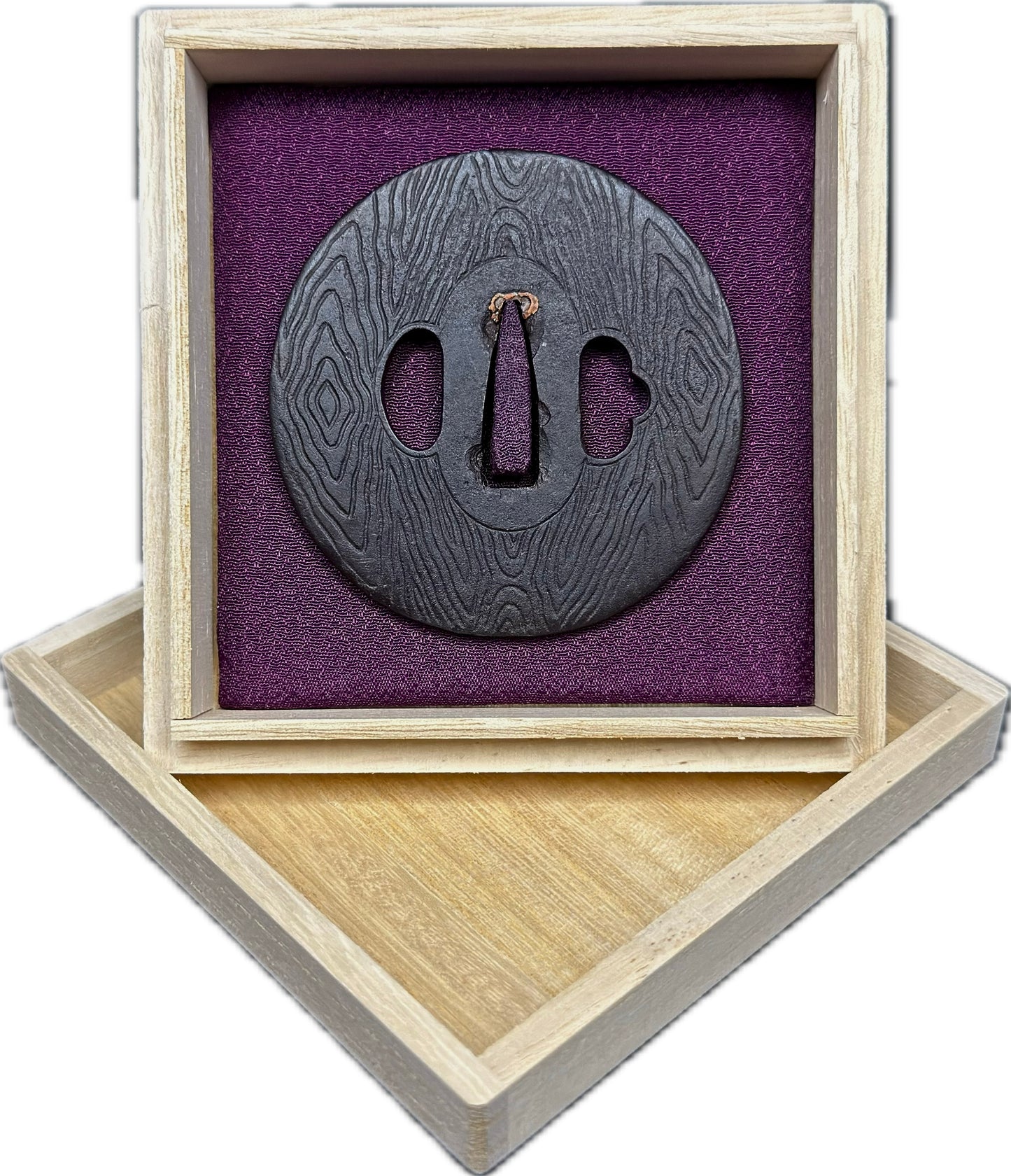 Tsuba, Iron, Mokume, Maru Gata, 74.4mm x 75.6mm x 8.3mm (Reproduction) w/ Kiri-bako (桐箱)
