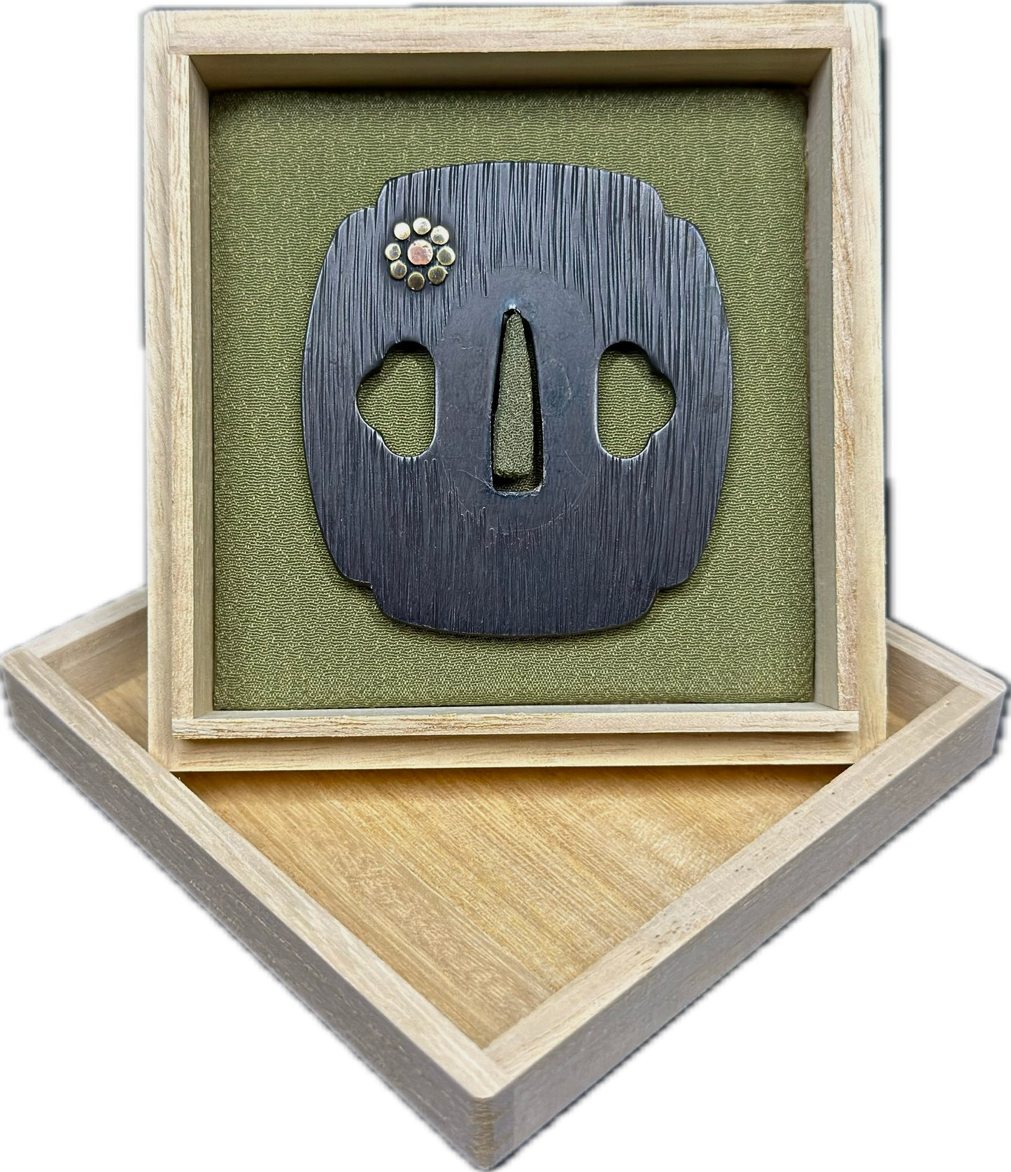 Tsuba, Steel, Mokko Gata, 68.3mm x 75mm x 7.3mm (Reproduction) w/ Kiri-bako (桐箱)