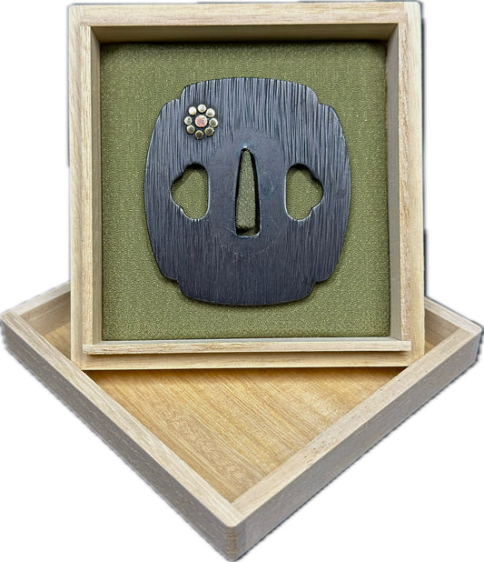 Tsuba, Steel, Mokko Gata, 68.3mm x 75mm x 7.3mm (Reproduction) w/ Kiri-bako (桐箱)