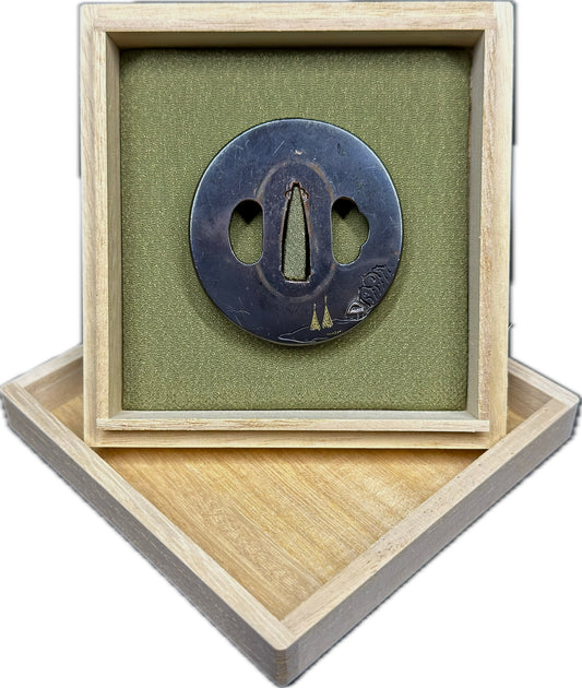 Tsuba, Shakudo, Maru Gata, 57.6mm x 60.5mm x 5.9mm (Antique) w/ Kiri-bako (桐箱)